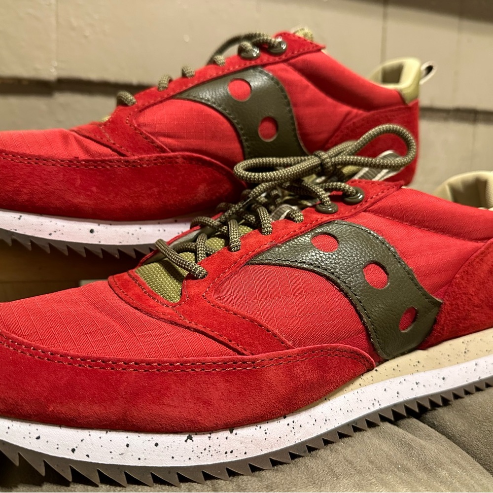 Saucony Jazz 81 in red suede with dark green and tan leather accents new no tags